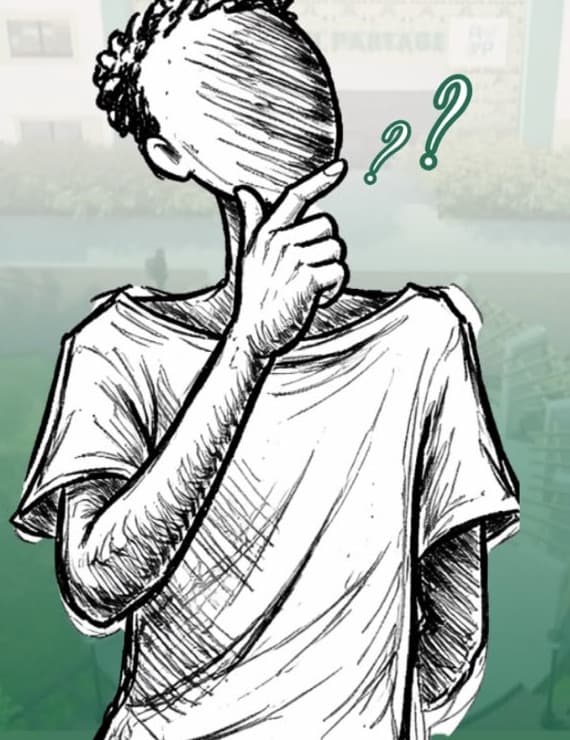 Dessin au trait d'un enfant pensif, la main posée sur le menton, entouré de points d'interrogation.