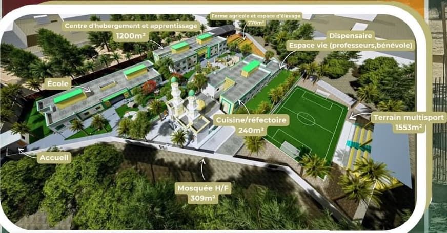 Vue aérienne du plan du Centre des Lumières : les bâtiments d'hébergement et l'école à gauche, la mosquée et la cuisine au centre, le terrain multisport à droite, le tout entouré d'arbres.